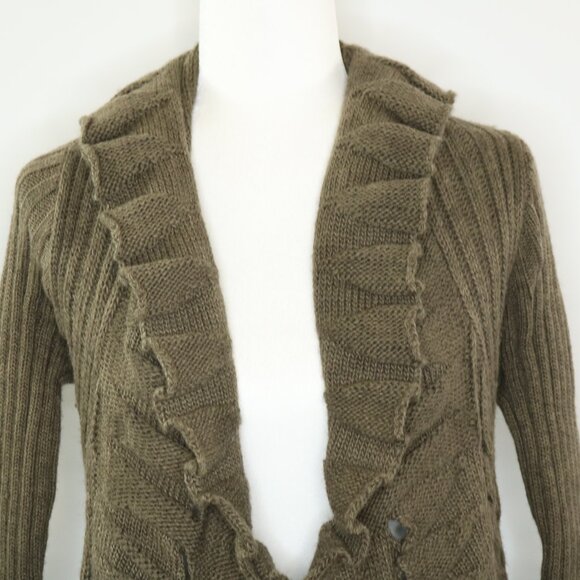John Fashion Cardigan Sweater Open Front Draped Ruffles Knit Green Brown - Picture 2 of 11
